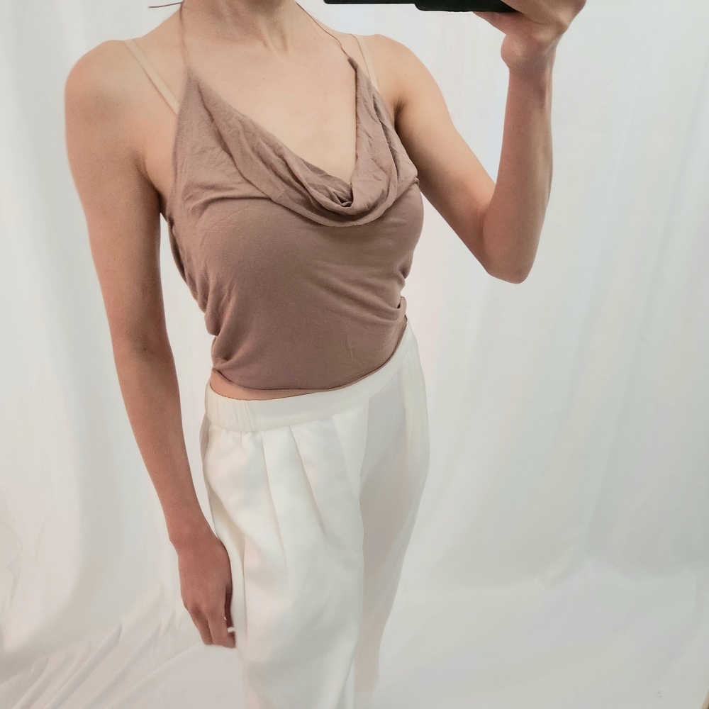 Joah Brown Tan Drape Neck Crop Top V Neck Plunge Sleeveless Scarf Shirt Modal